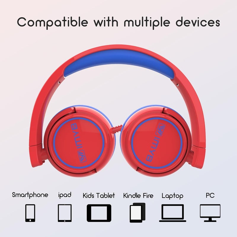 IMYB Kids Headphones Wired, Stereo Foldable Tangle-Free 3.5mm Jack Adjustable On-Ear Headphones for Kids/Toddlers/Children/Teens/Boys/Girls/School/Ipad/Tablet/Kindle/Phones/Travel/Plane (Red) - Image 5